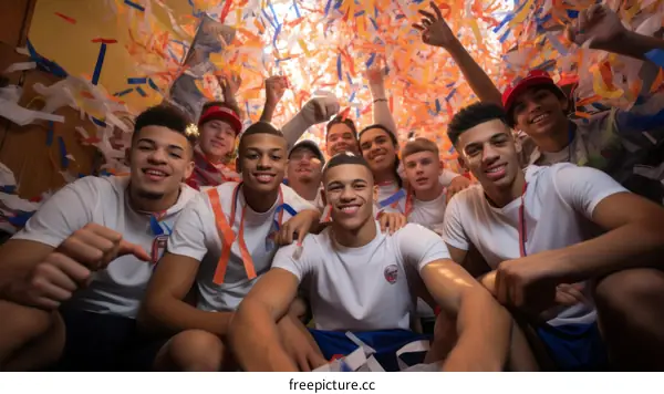 Young male basketball players celebrating their victory with confetti falling from the ceiling