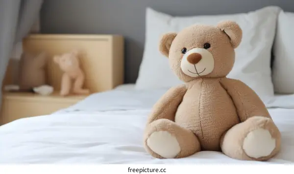 A cute teddy bear sitting on a bed