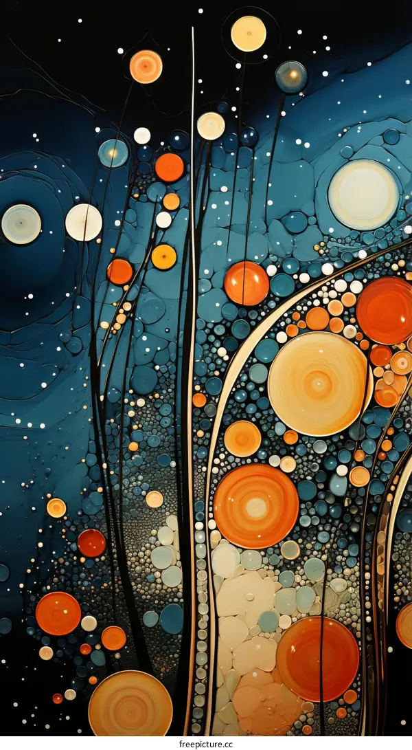 Colorful Abstract Painting with Blue and Orange Circles and Spirals