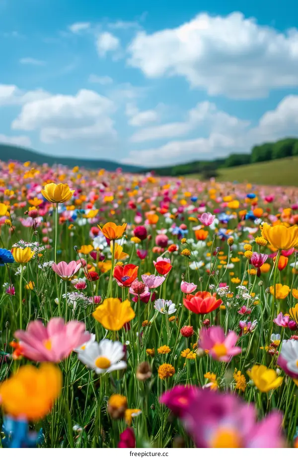 Field of flowers in full bloom with a mountain backdrop