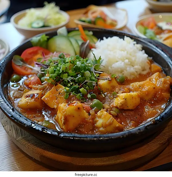 A delicious and healthy Japanese dish with rice, vegetables and tofu in a hot stone bowl