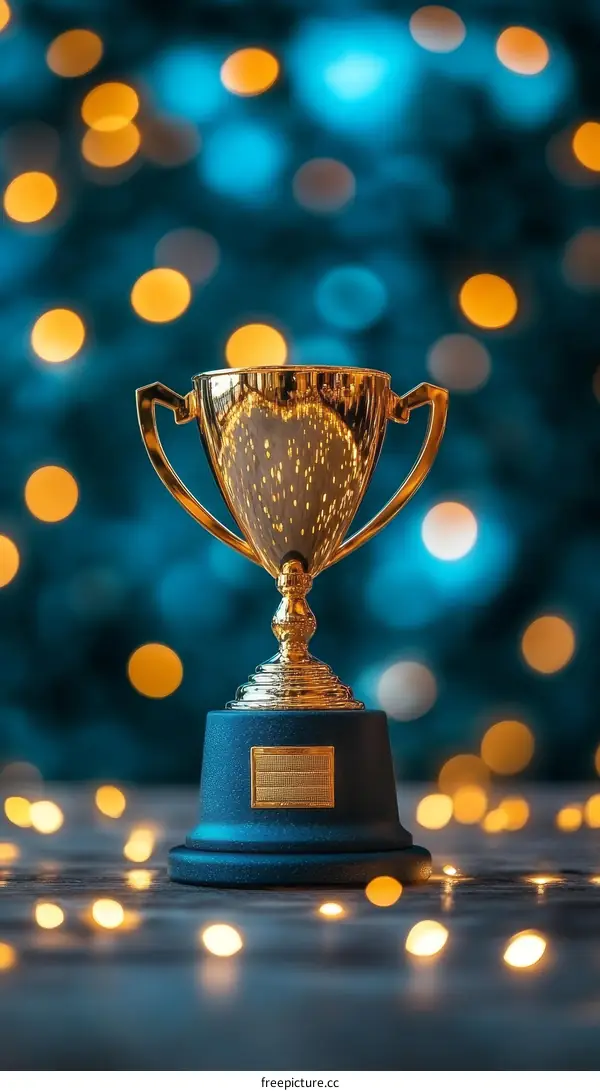 Golden Trophy on a Dark Background with Bokeh Lights