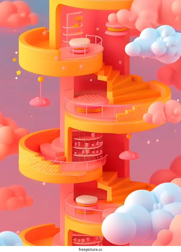 Colorful 3D Illustration of a Spiral Tower with Clouds and Stars