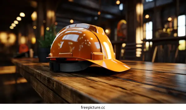 Orange hard hat on a wooden table