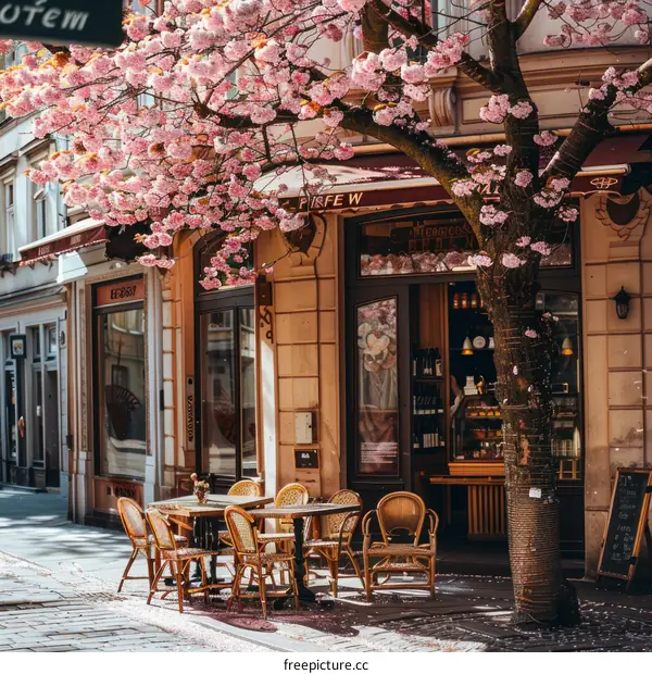 European-style outdoor cafe with pink flowers