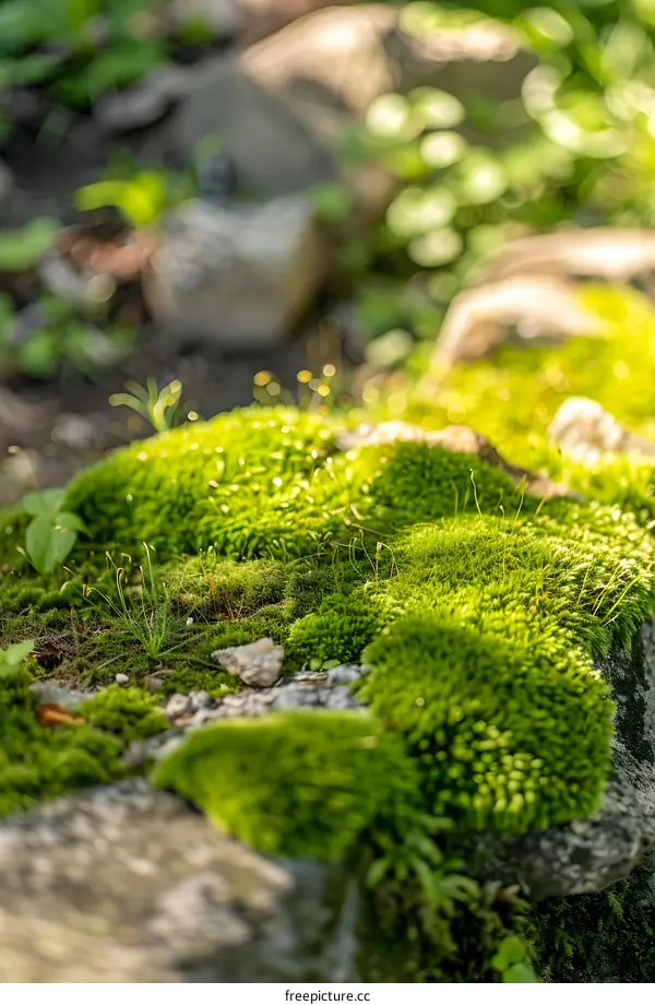 Close Up Of Green Moss Growing On Rocks In Forest