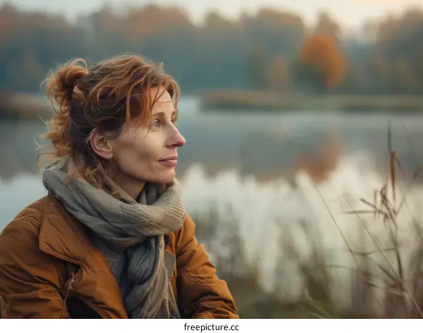 A woman is sitting on the edge of a lake, looking out at the water.