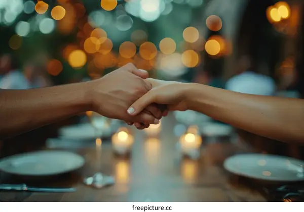A couple is holding hands over a table with a candle on it