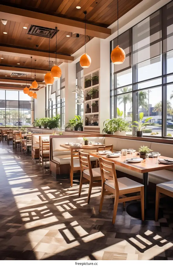 Comfortable Modern Restaurant with Large Windows and Wooden Tables