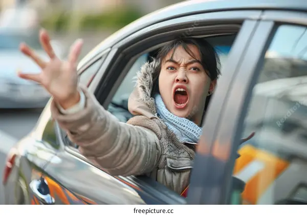 Angry woman driver yelling and gesturing while driving