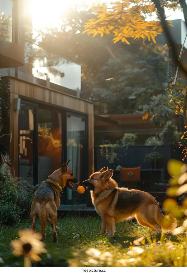 Two German Shepherds Playing Fetch in Backyard
