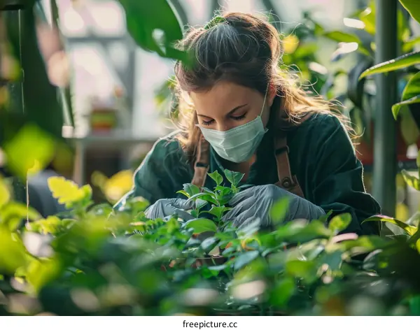 woman wearing mask and gloves tending to plants in greenhouse