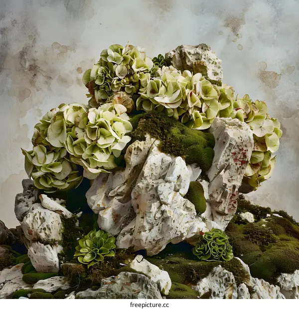 Hydrangea Flowers and Moss on a Stone Background