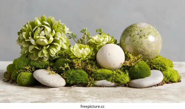 Green Moss and Stone Centerpiece with Succulents