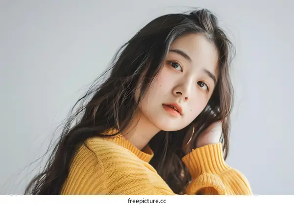 Portrait of a Young Asian Woman with Long Black Hair Wearing a Yellow Sweater