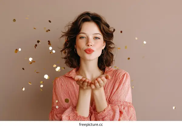 Woman sending a kiss with confetti