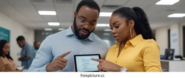 Two Business Professionals Discussing Work On A Tablet