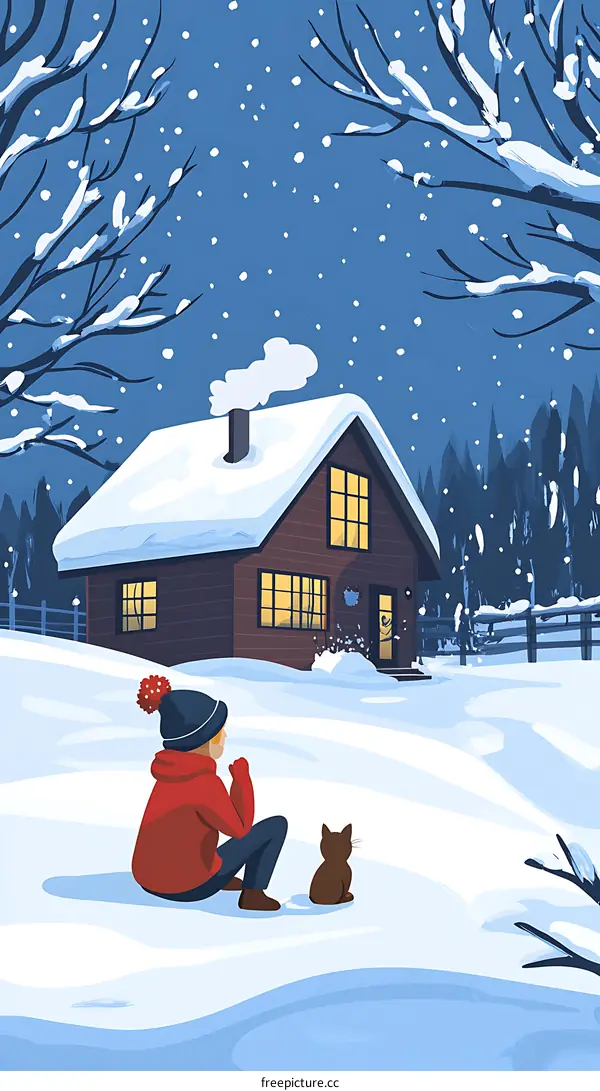 Snowy Winter Night With A Child And Cat In Front Of A Cabin