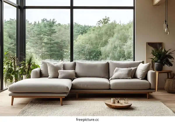 Modern Light Gray Sectional Sofa with Wooden Legs in a Modern Living Room
