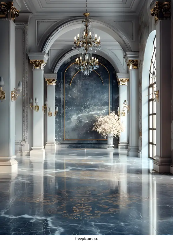 Luxury classic interior of the palace with marble floor and crystal chandelier
