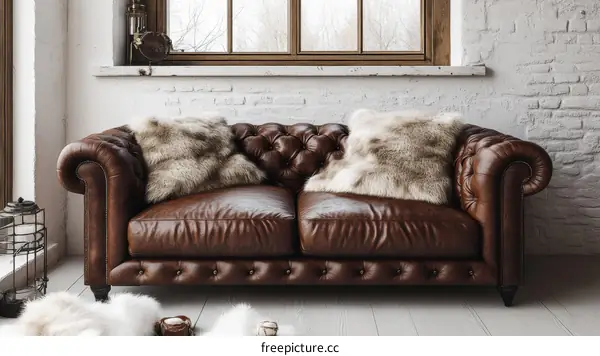 Rustic Leather Sofa with Faux Fur Throw Pillows