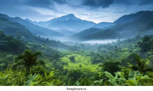 A lush green valley with a mountain range in the distance