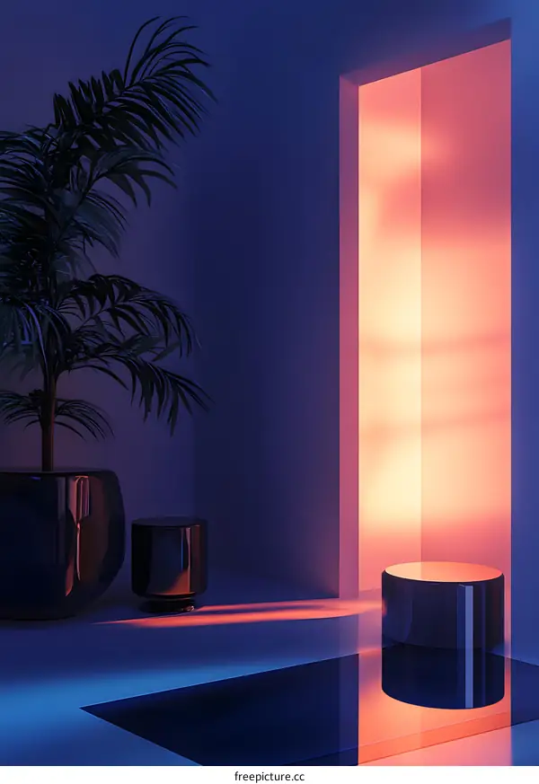 Minimalist 3D Render with Palm Tree in Corner and  Neon Light