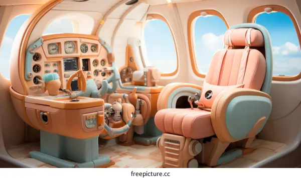 A cute cartoon airplane cockpit with a pink seat