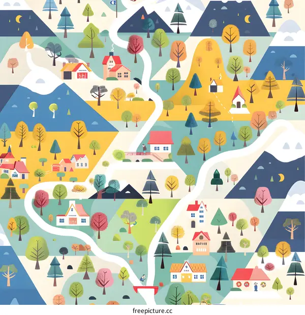 Colorful Village Illustration with Houses and Winding Roads