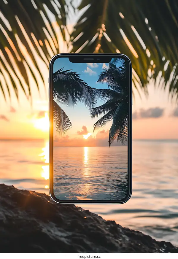 Palm Tree Sunset Beach View On Mobile Phone