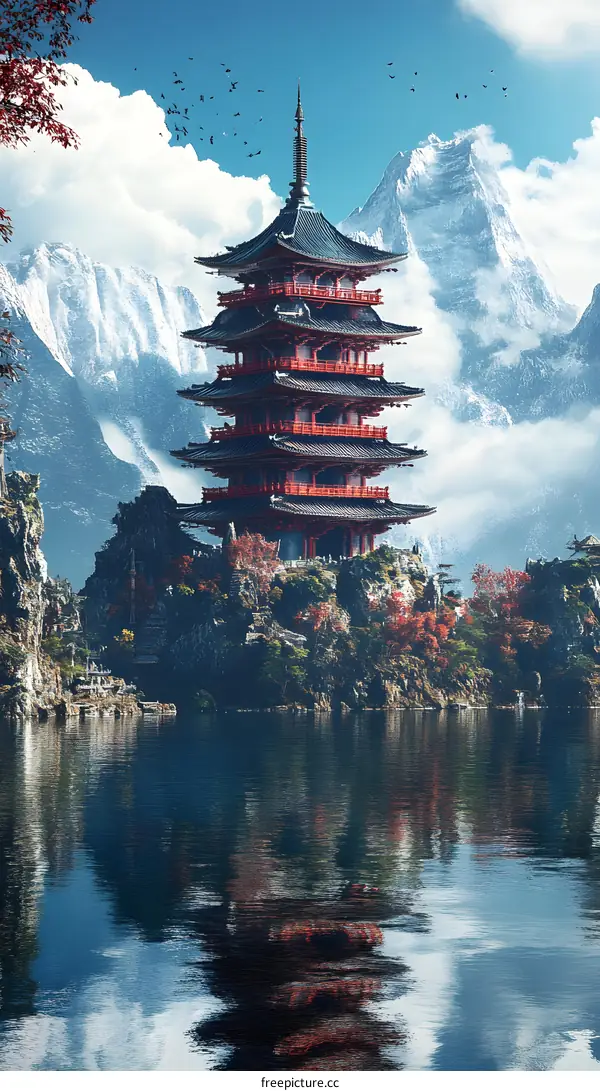 Pagoda Mountain Landscape Illustration