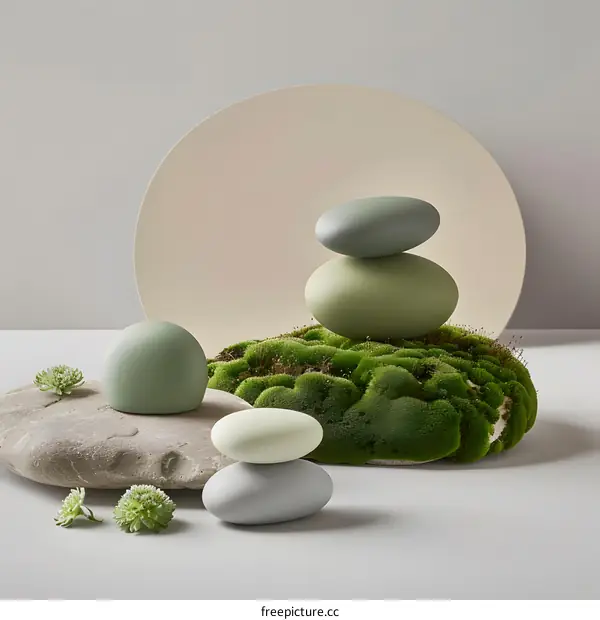 Green and Grey Stones on Moss with a Circle Background