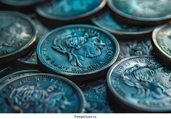 Close up of a pile of old silver coins