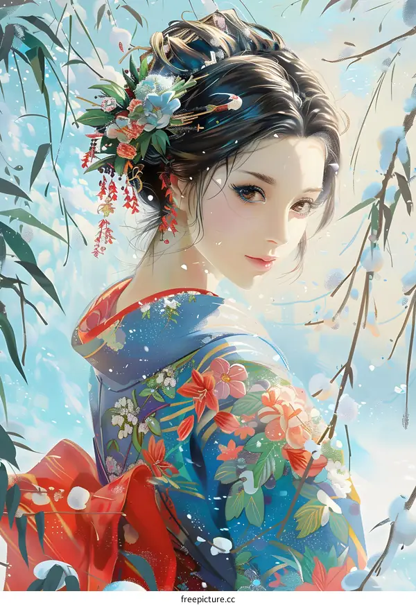 A beautiful Japanese woman in a kimono standing in a snowy forest