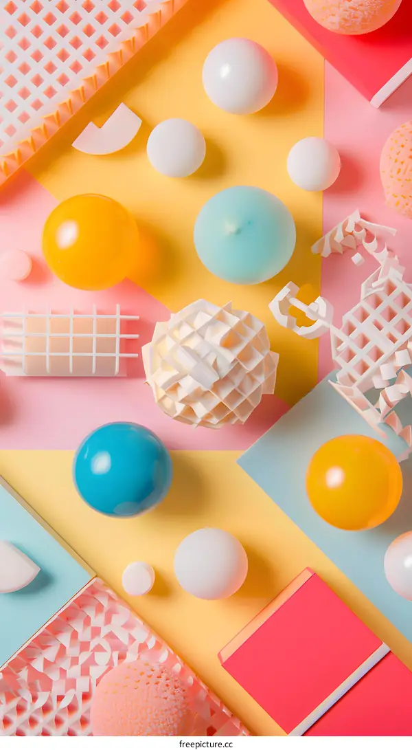 Colorful Geometric Shapes and Objects on Pastel Background