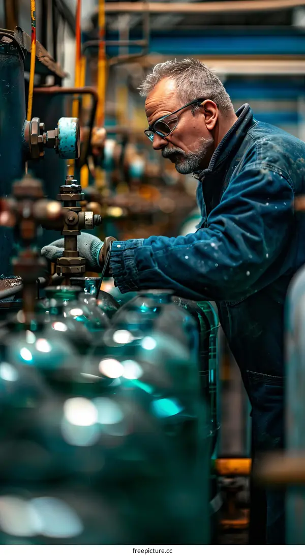 An industrial worker in protective clothing operates a machine in a factory