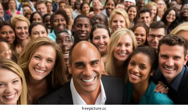 A large crowd of people from various ethnicities are smiling and looking at the camera.
