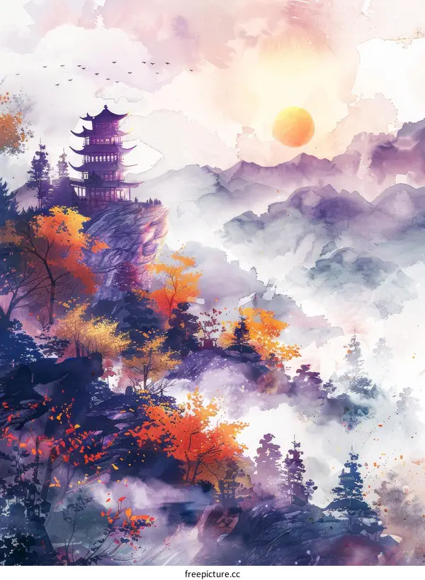 Zen-Inspired Watercolor Painting of a Temple Amid Misty Mountains