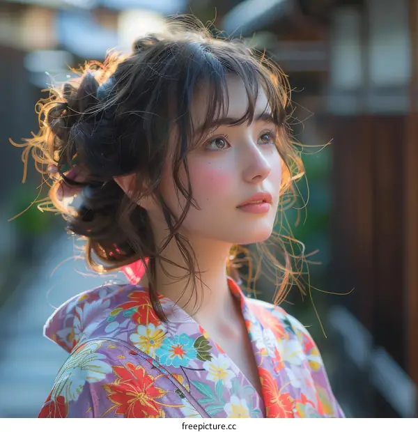 Young Asian Woman in Kimono Looking Up at the Sky