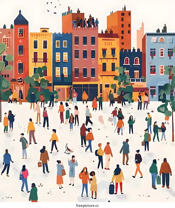 Illustrated Cityscape with People Walking in the Street