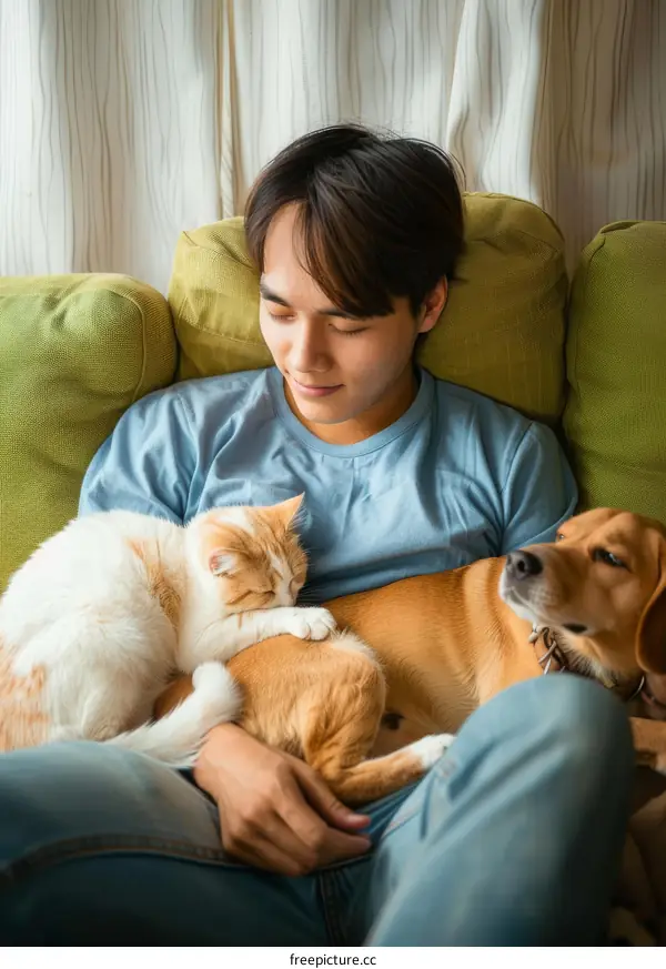 A young man is sitting on a couch with a cat and a dog