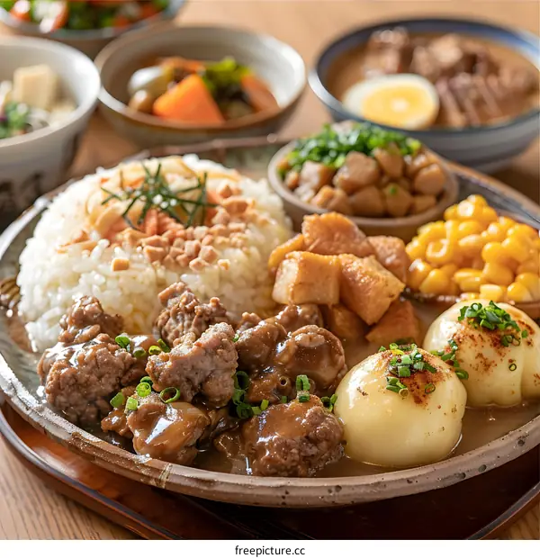 A delicious Japanese curry dish with rice and side dishes
