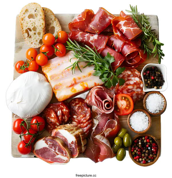 [Transparent Background PNG]Charcuterie Board with Meat, Cheese, and Vegetables