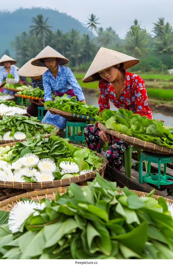 Vietnamese Women Selling Vegetables in a Market