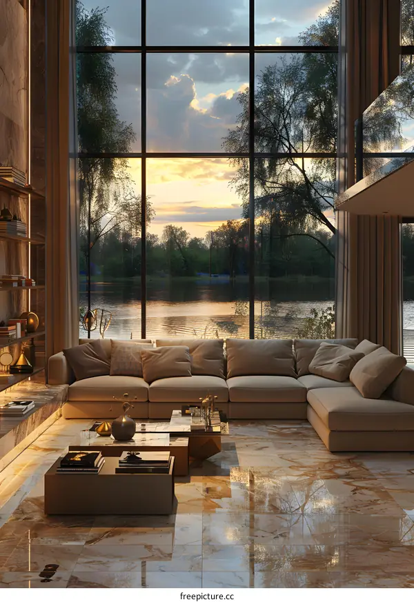 Luxury living room with lake view at sunset