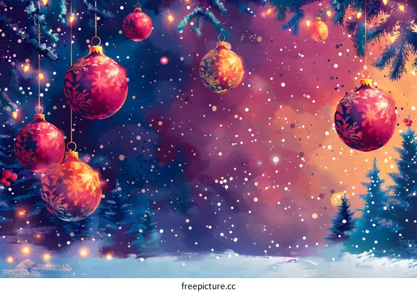 Christmas background with hanging ornaments and falling snow