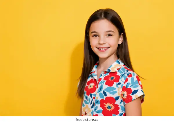 Young Girl Wearing Colorful Floral Shirt Against Yellow Background