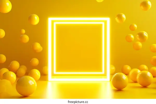 Abstract Yellow Neon Frame with Floating Spheres