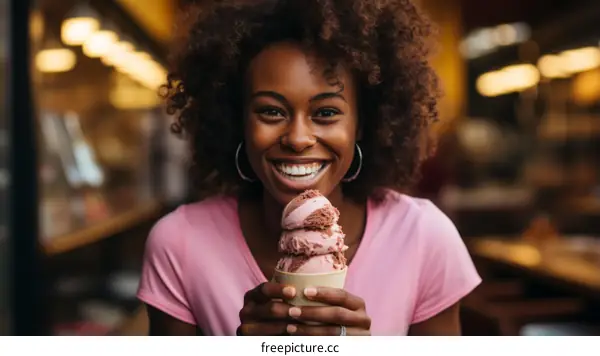 Portrait of a young African-American woman eating ice cream