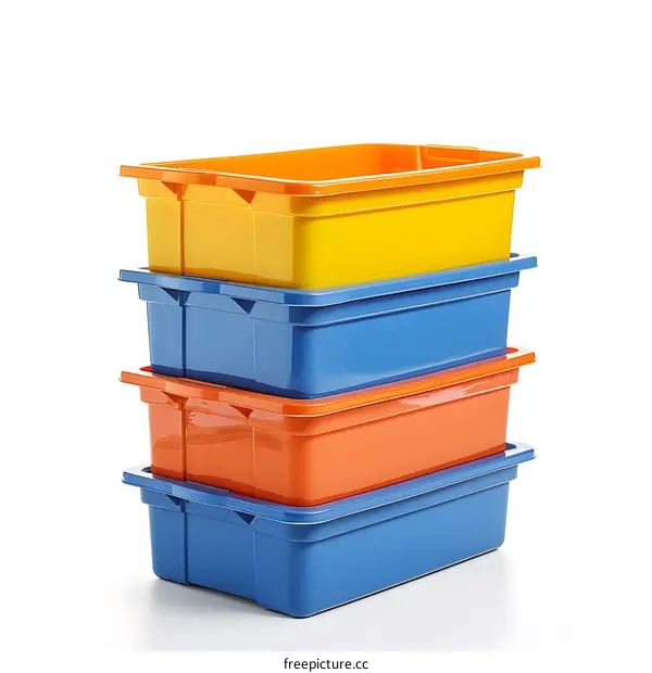 Stack of Colorful Plastic Storage Bins on White Background